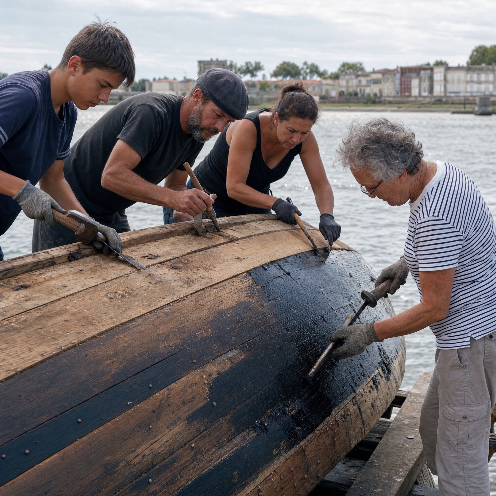 Bénévoles rejointoyant un lavoir en pierre calcaire au bord de l'Eau Bourde
